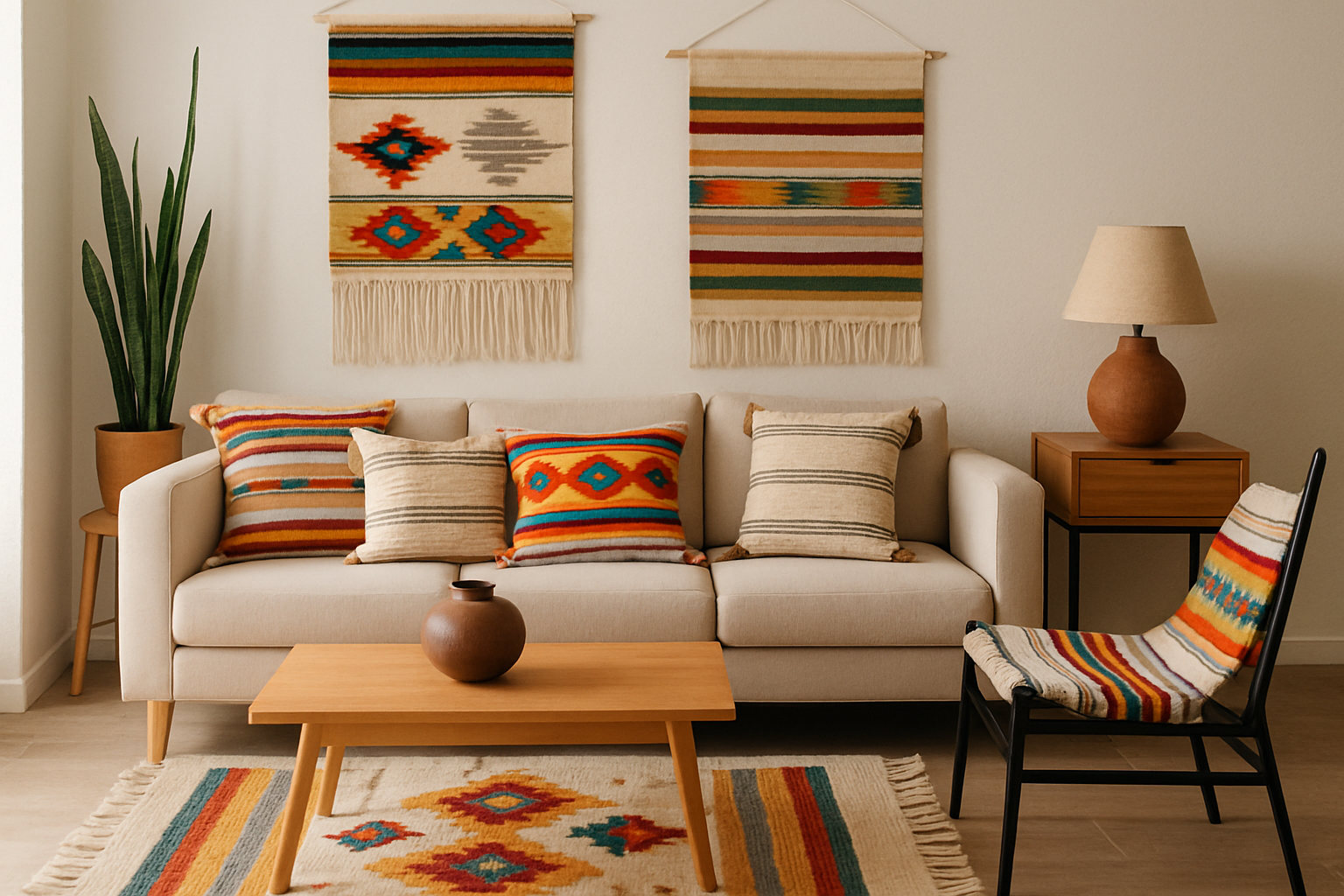 decoracin artesanal para un hogar mexicano con tapetes o cojines de telar en tonos neutros con acentos de color Combinados con muebles modernos de mad