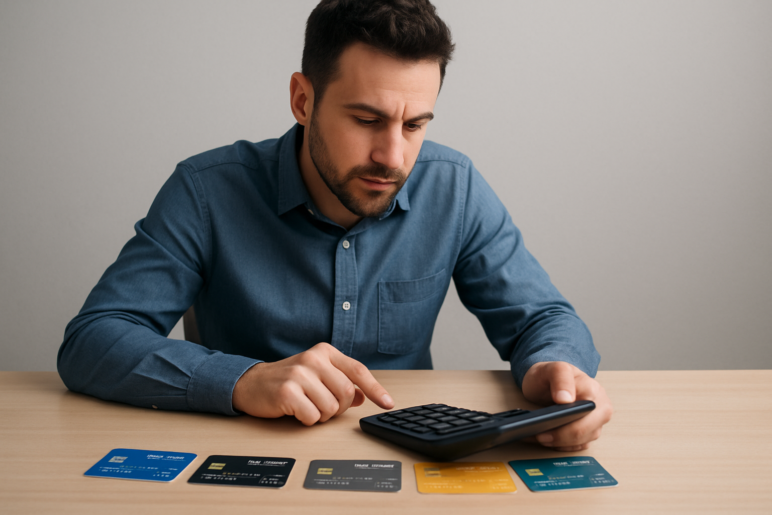 hombre con 5 tarjetas de banco sobre la mesa y una calculadora-1