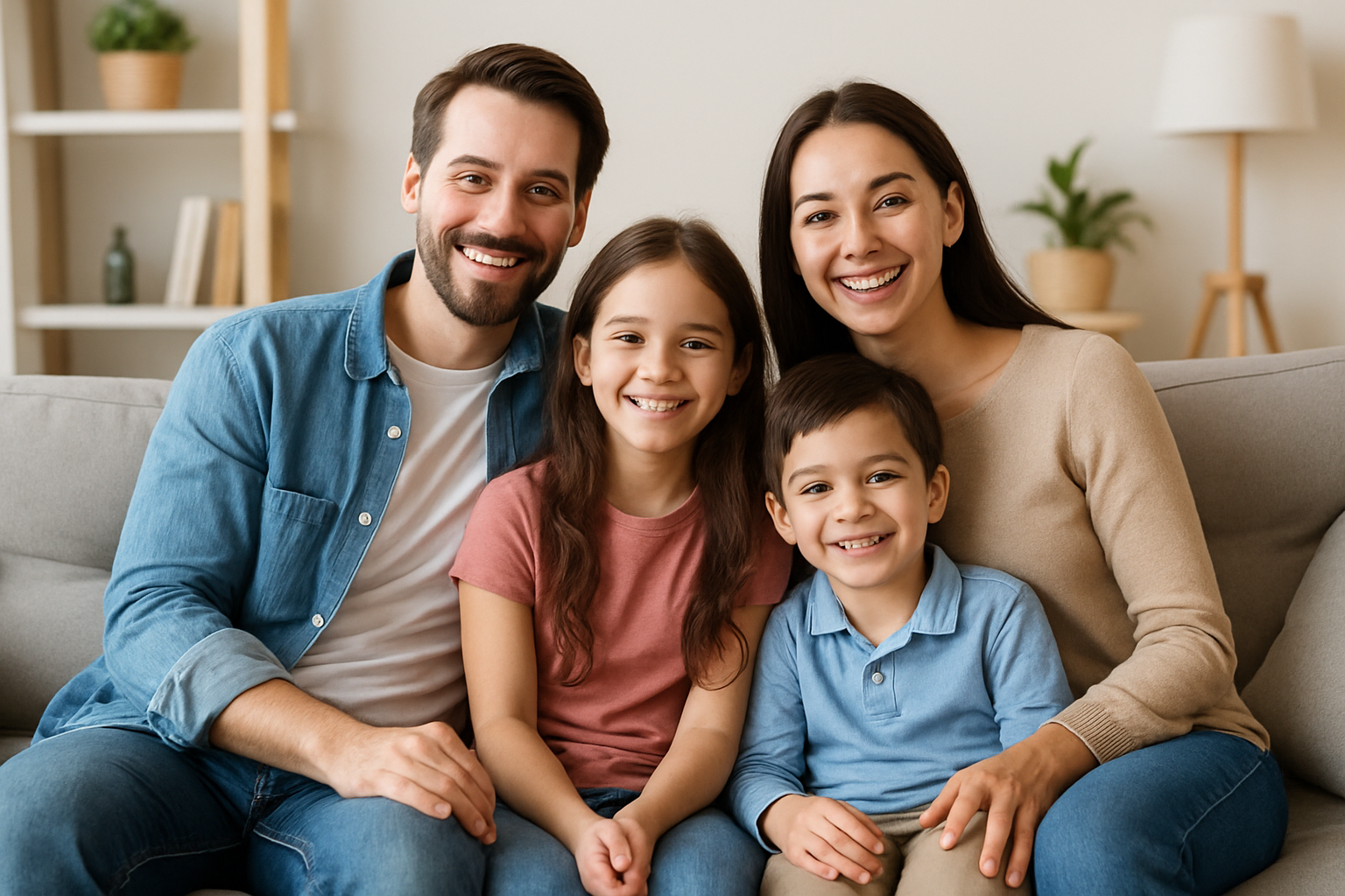 imagen de una familia feliz sentada en el silln de su casa