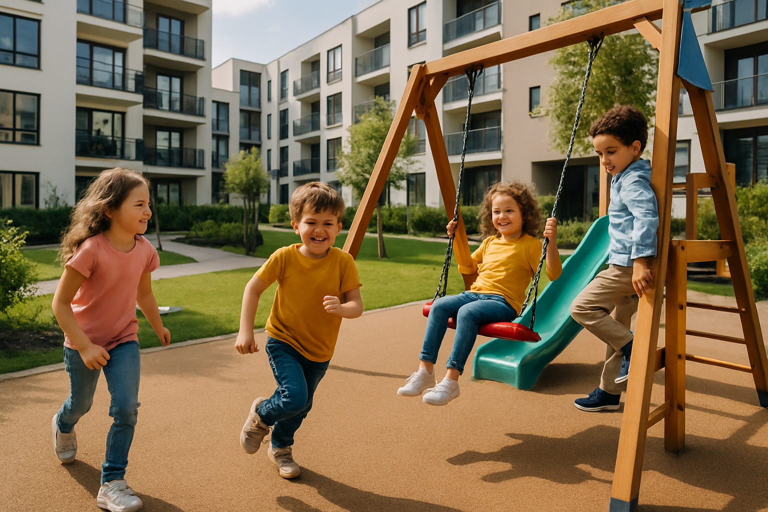 imgen del rea de juegos infantiles al aire libre de un desarrollo inmobiliario donde estn unos nios jugando-1