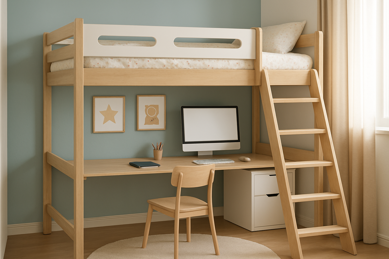 recmara infantil con una litera en la parte de abajo se usa como un escritorio con la computadora-1