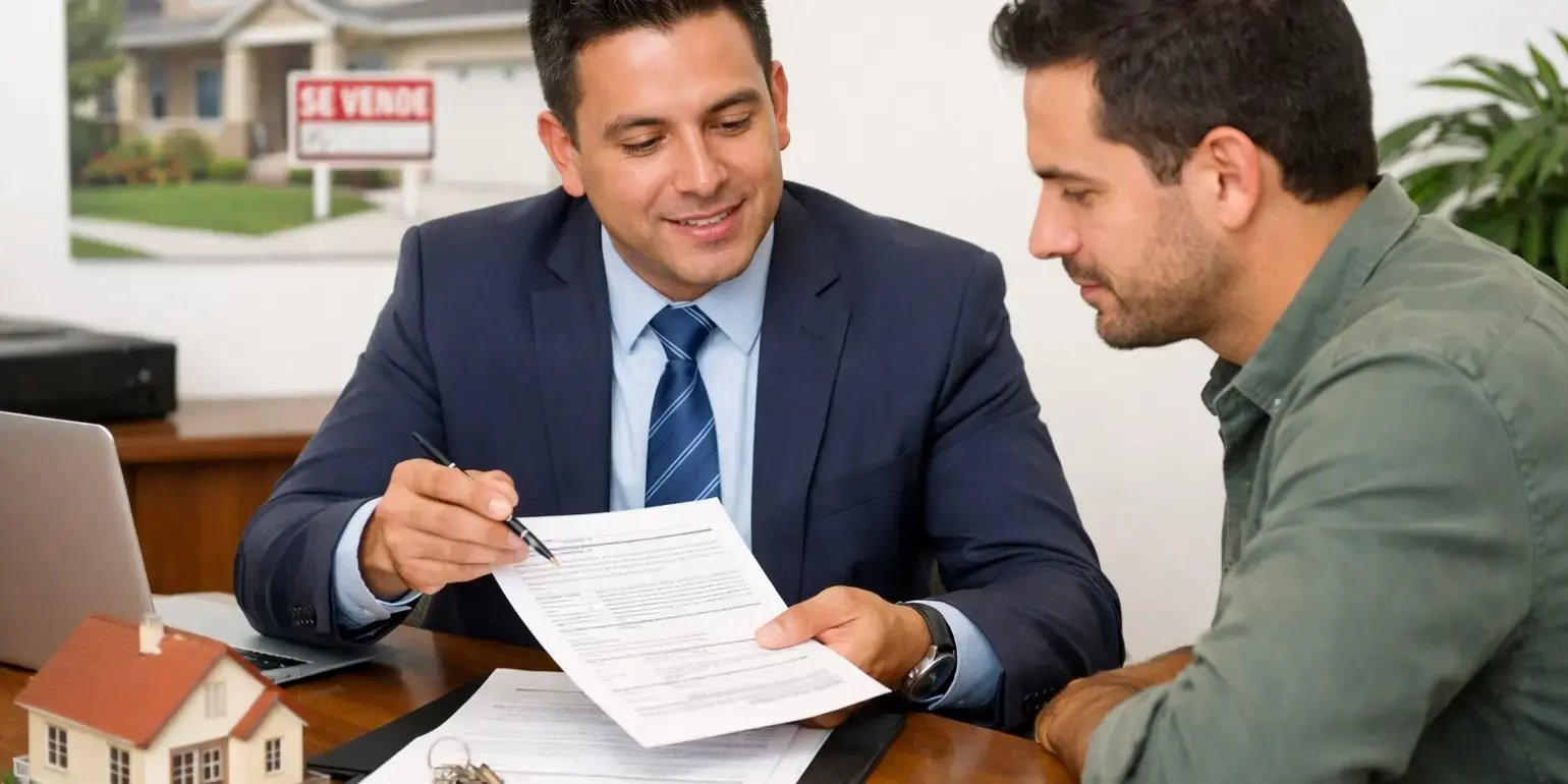 Asesor hipotecario explicandole a un hombre los gastos adicionales antes y despues de comprar casa