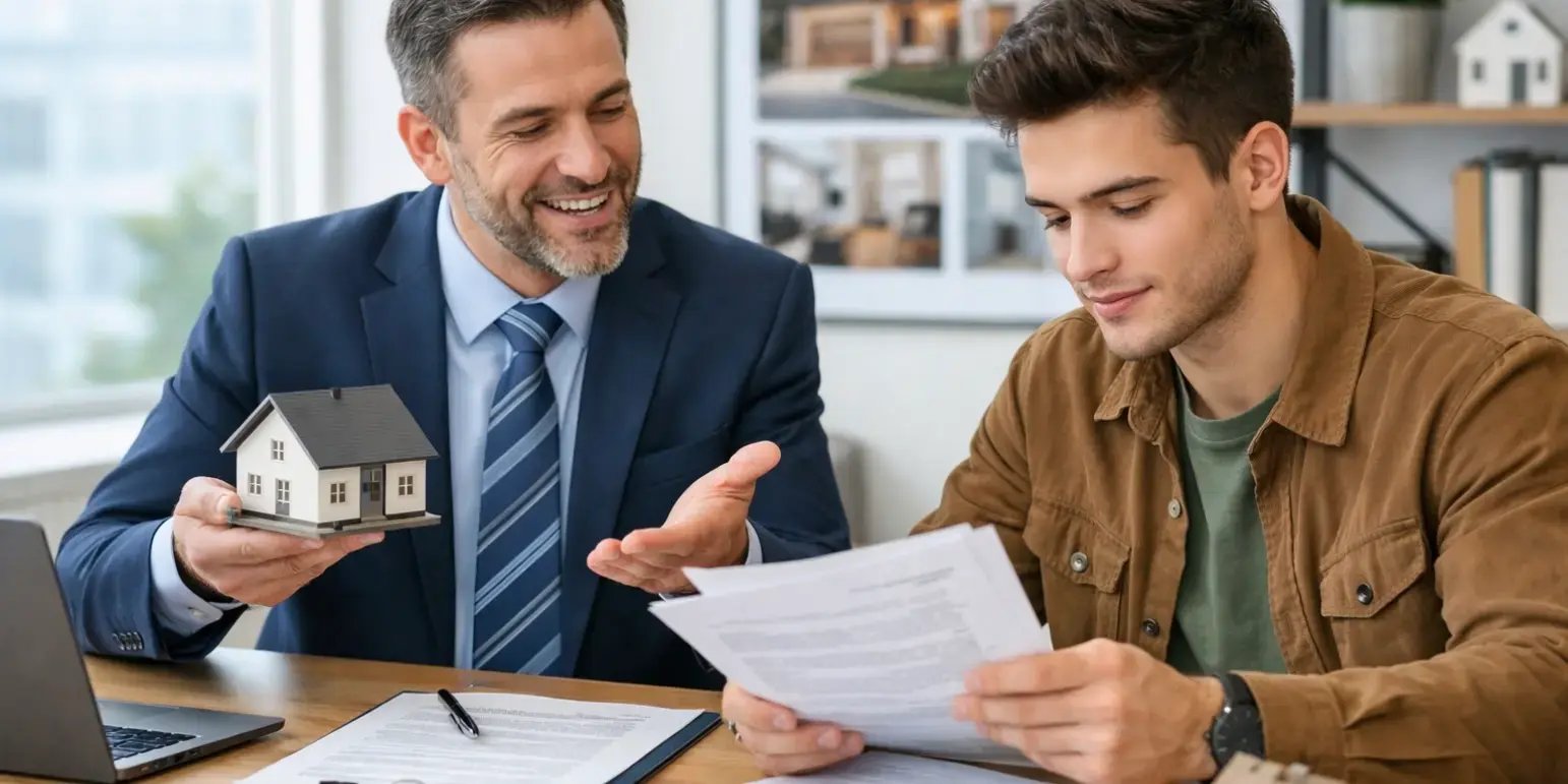 Asesor inmobiliario explicando a joven revisando documentos y los tipos de credito hipotecario