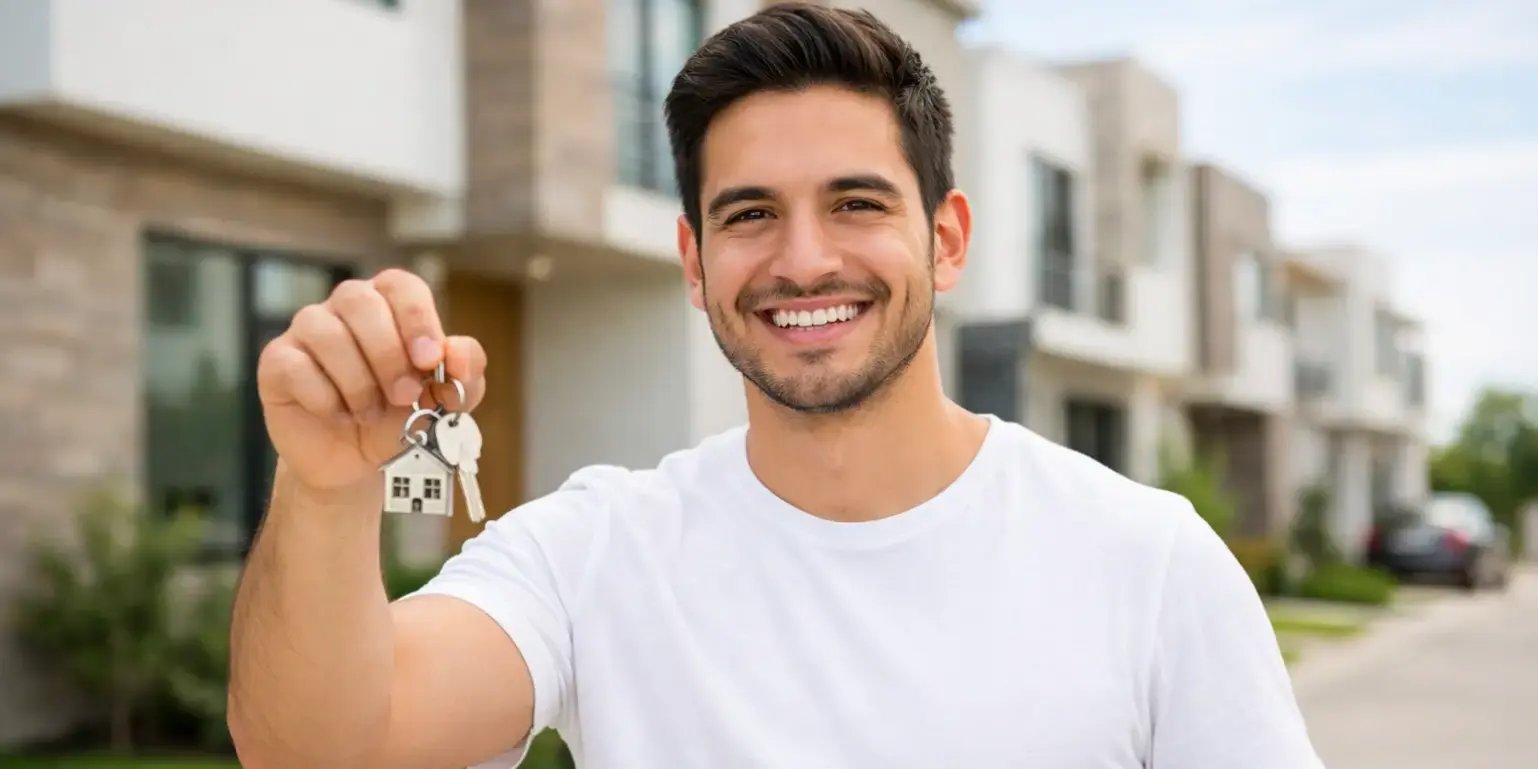 Joven sonriente sosteniendo llaves de su casa en un desarrollo residencial