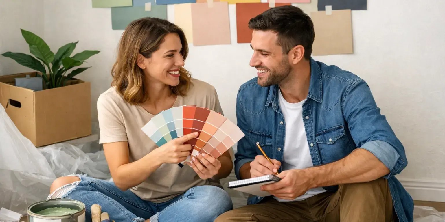 Pareja eligiendo colores de moda para interiores para pintar su casa