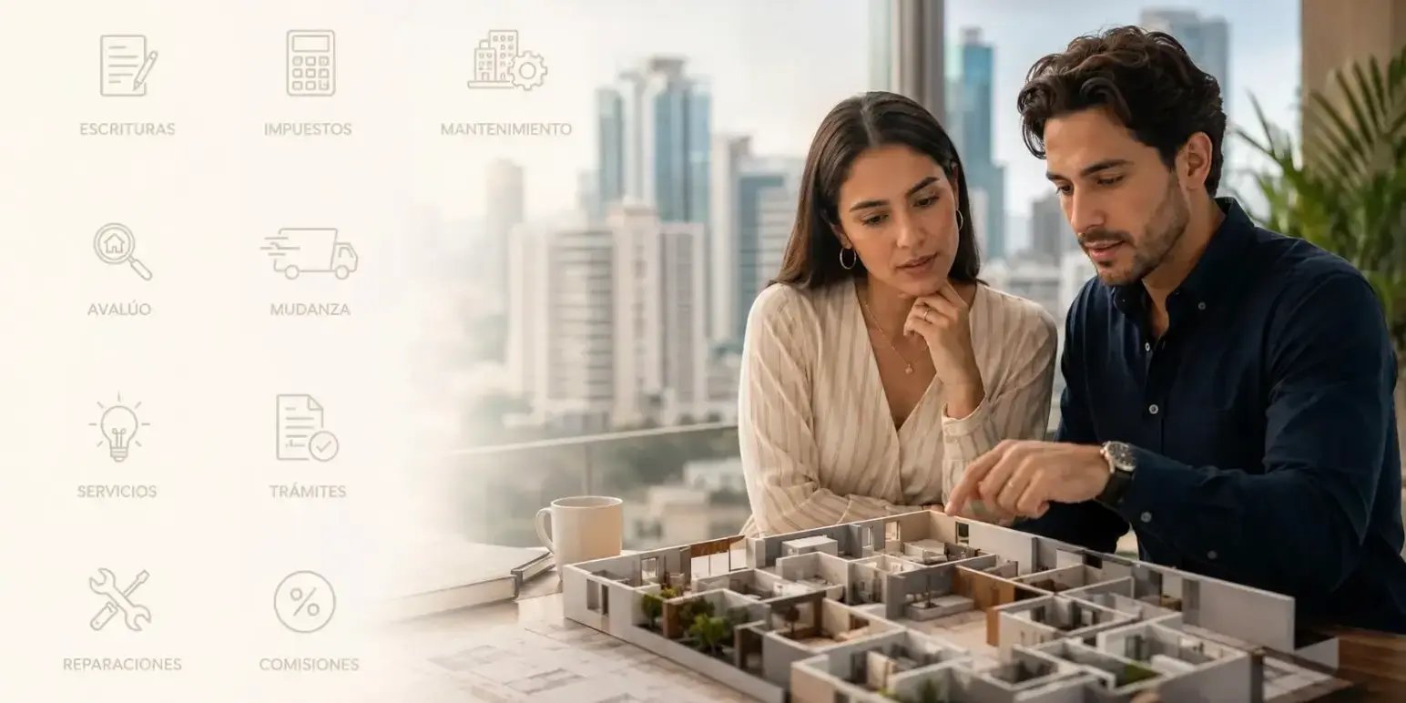 Pareja joven analiza una maqueta de departamento nuevo con íconos de costos ocultos como escrituras, impuestos, avalúo, mudanza y mantenimiento.