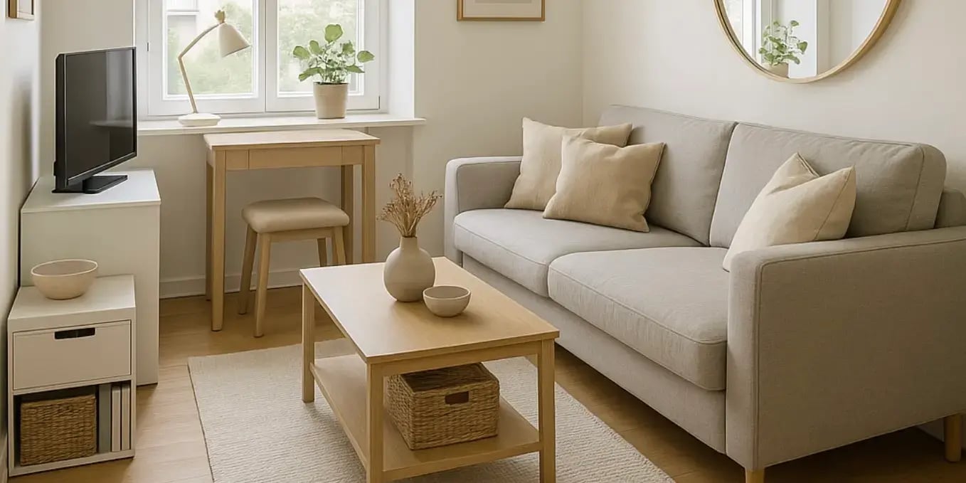 Sala de estar luminosa y bien organizada en una casa pequeña