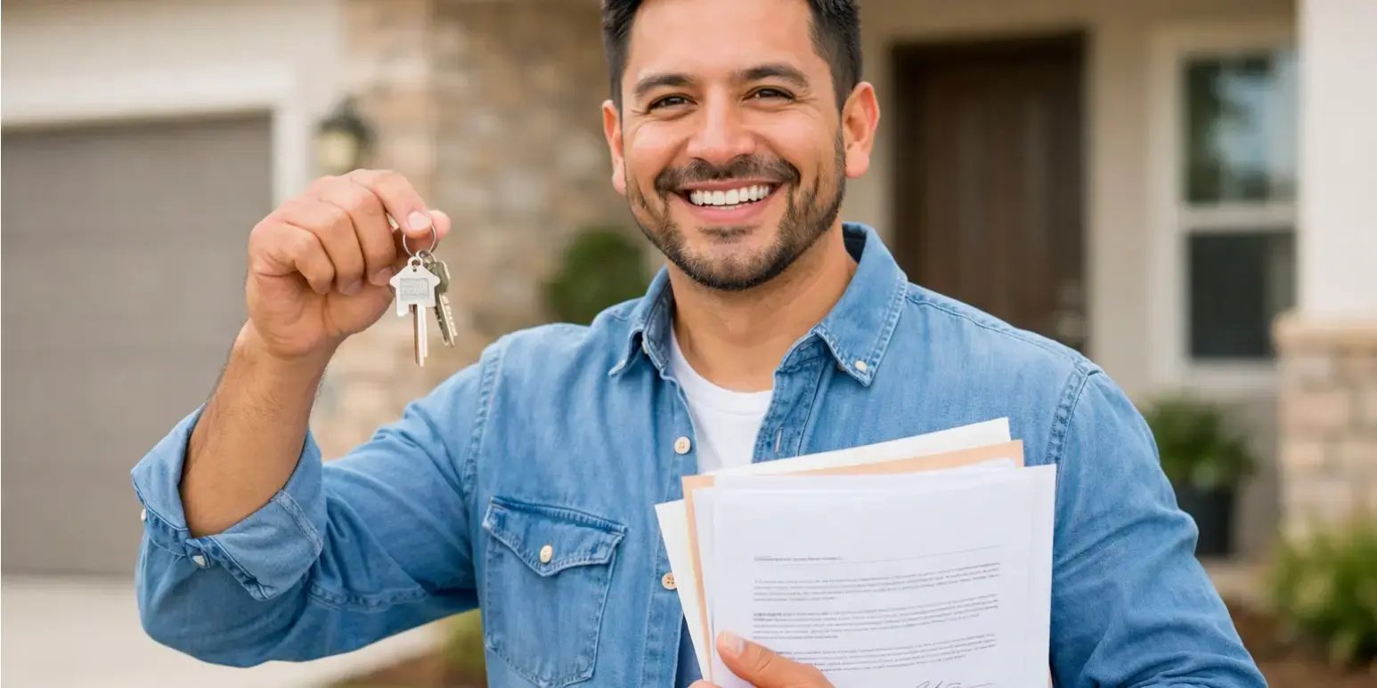 Persona sonriente sosteniendo documentos de escritura de su nueva casa y unas llaves
