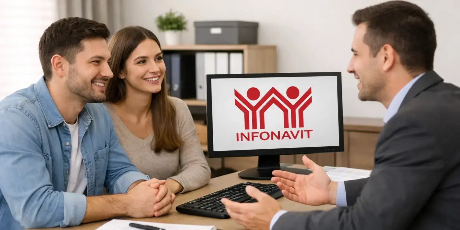 pareja hablando con un asesor hipotecario en la computadora que esta en el escritorio se ve en la pantalla el logo de Infonavit