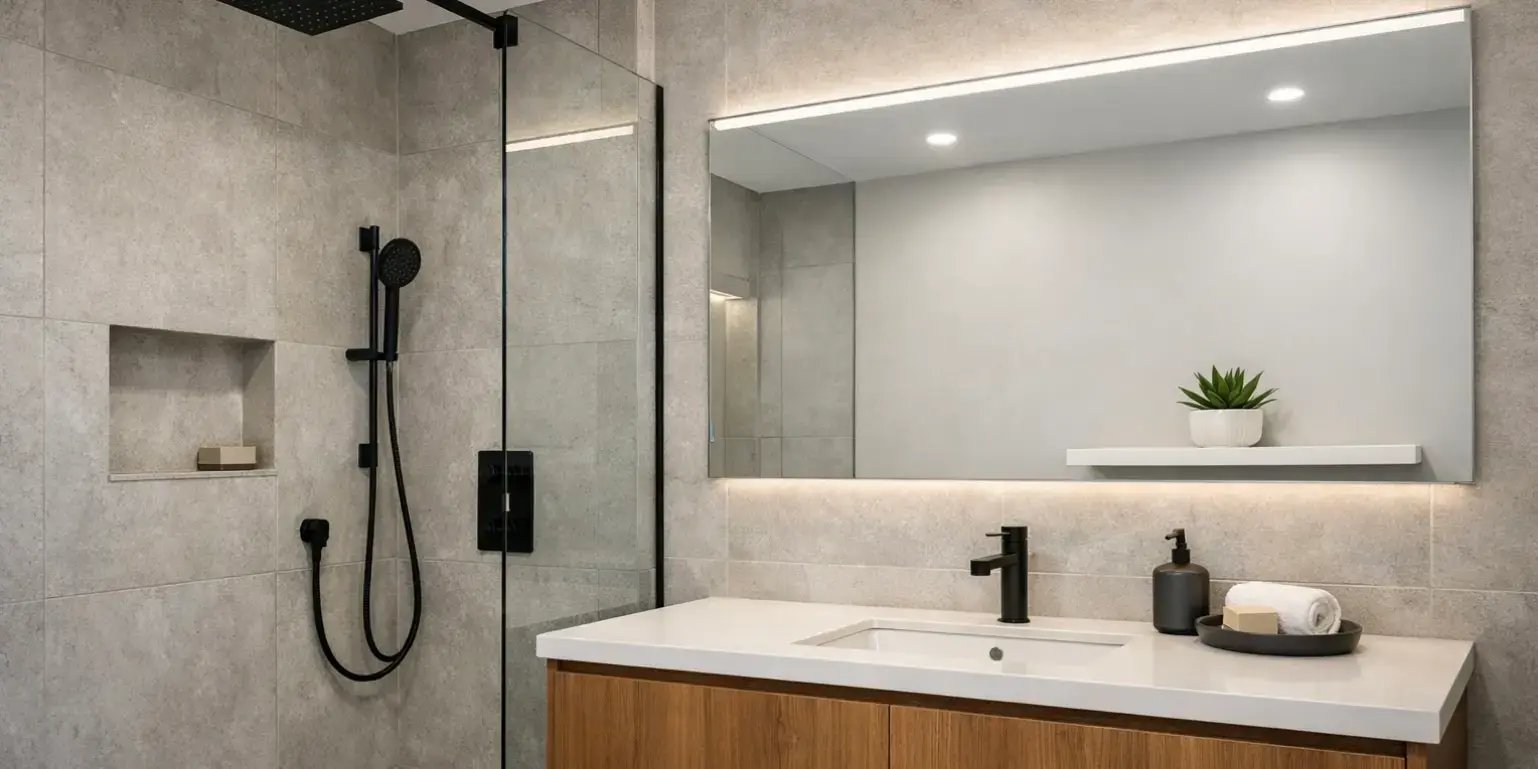 Baño con espejo moderno, regadera moderna y una maceta pequeña en una repisa
