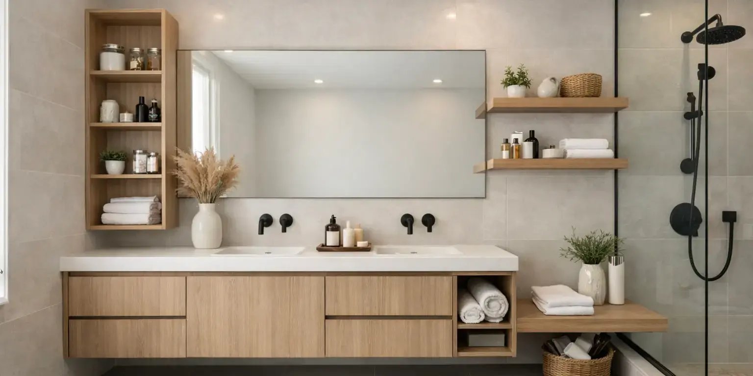 Baño con muebles flotantes y repisas abiertas