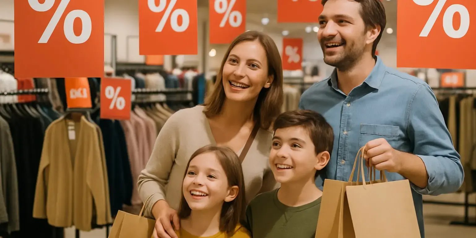 Familia en tienda departamental viendo los descuentos de temporada