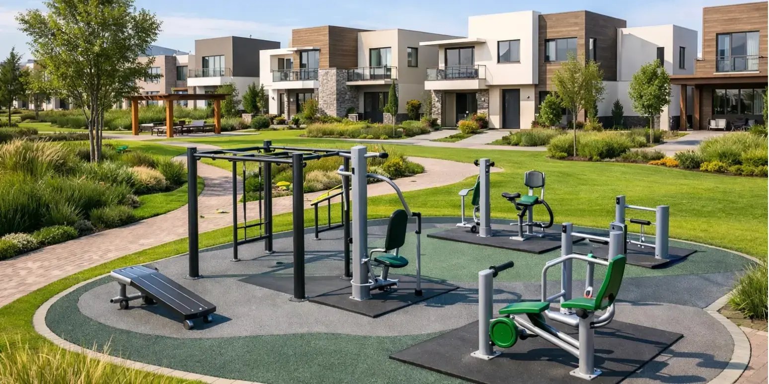 Desarrollo inmobiliario de casas con areas verdes y gimnasio al aire libre