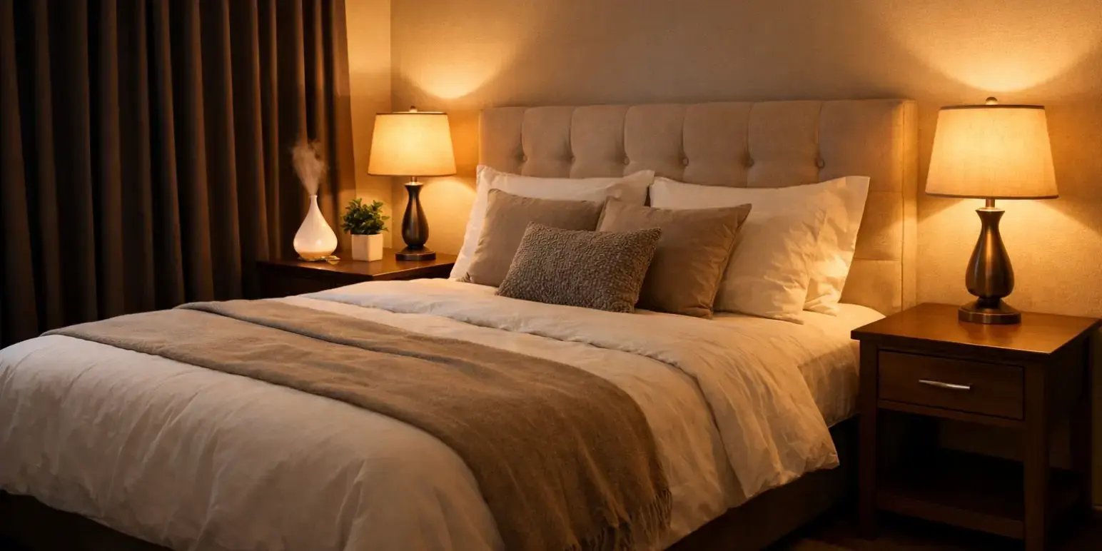 Dormitorio con iluminacion calida y cortinas que bloquean la luz externa y con 2 buros con lamparas iguales y en un buro un difusor de aroma y una planta