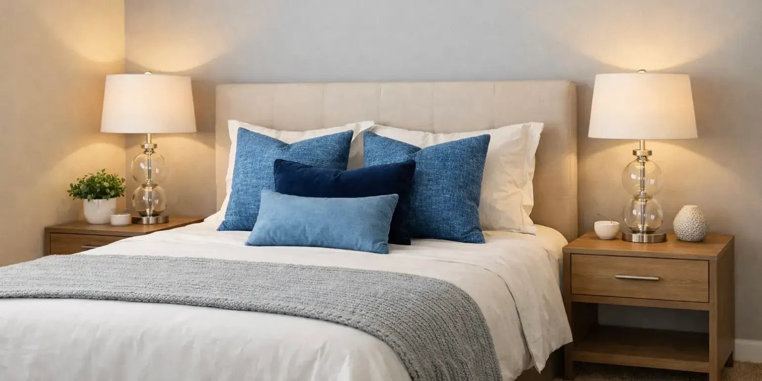 Dormitorio con paredes color arena y gris suave Sobre la cama hay unos cojines azules