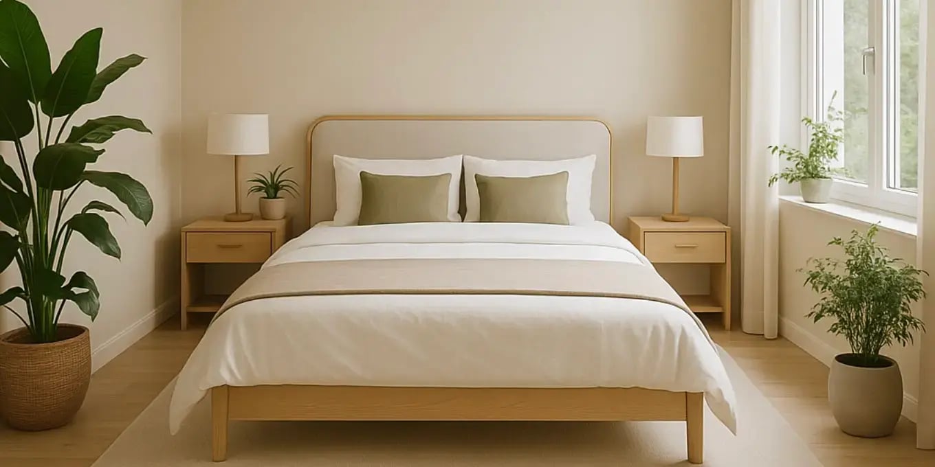 Dormitorio moderno y sereno con decoración feng shui y mobiliario organizado