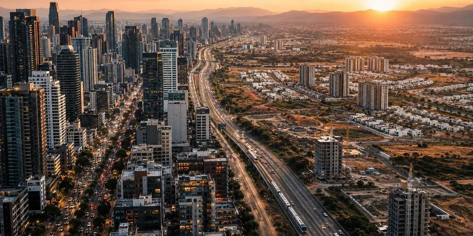 Escena urbana conceptual que muestra cómo la alta demanda de vivienda desplaza el desarrollo hacia zonas más alejadas de la ciudad