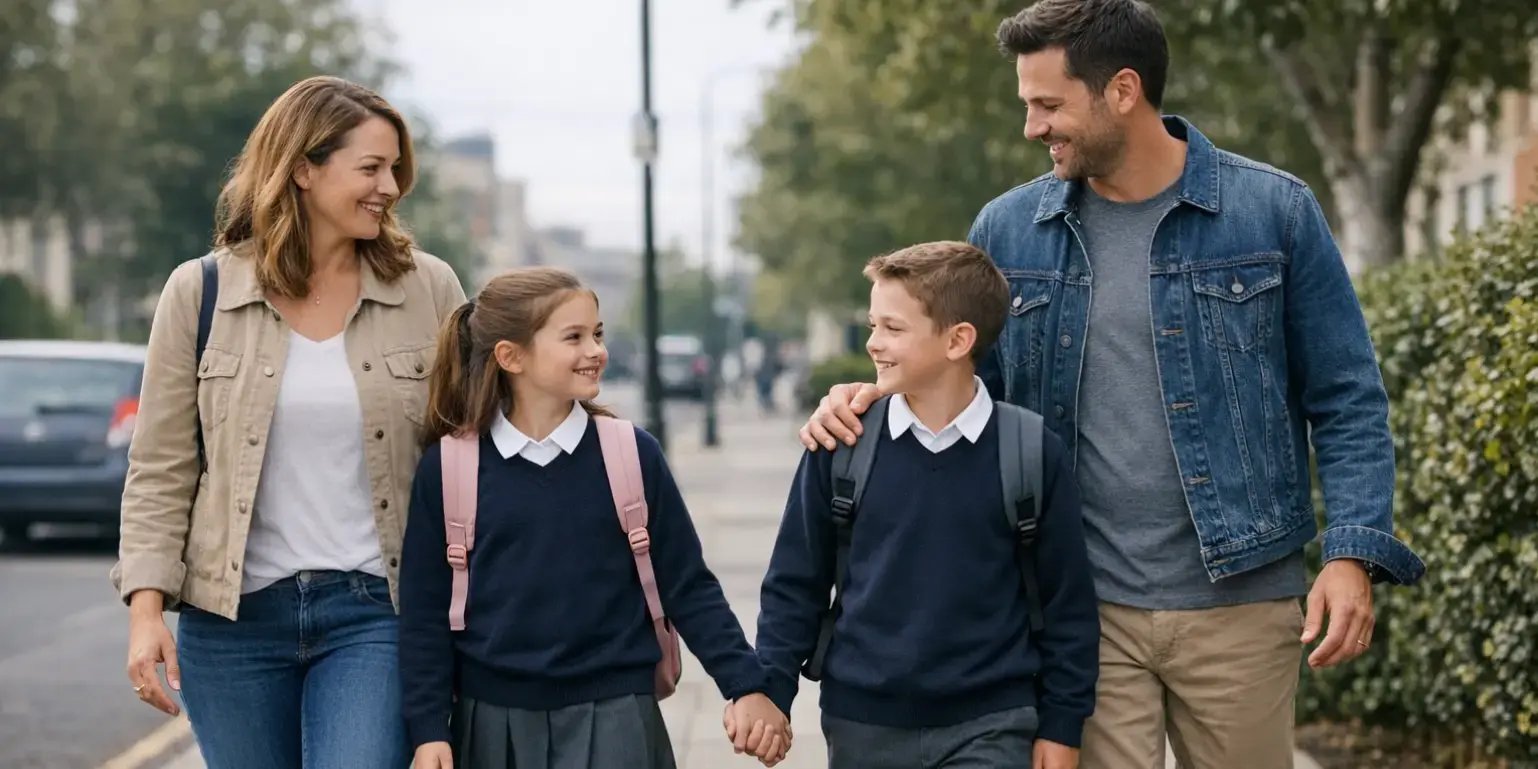 Familia Caminando a la Escuela con Mochilas