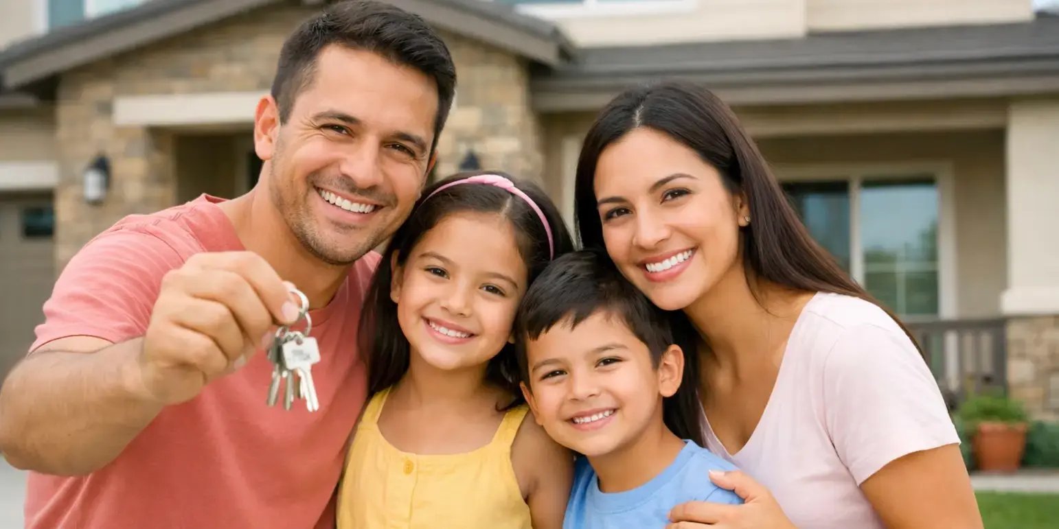 Familia feliz frente a su nueva casa sosteniendo unas llaves de la casa