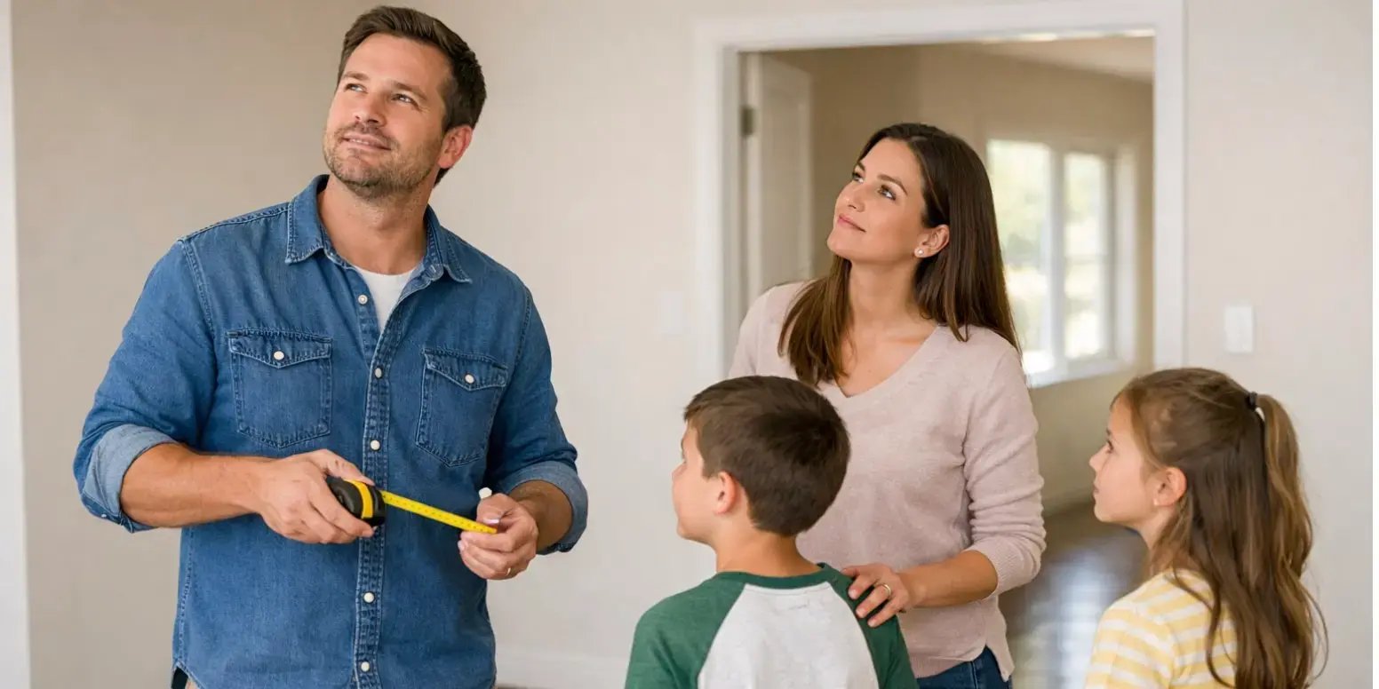 Familia revisando una casa vacía, el papá está sosteniendo una cinta métrica