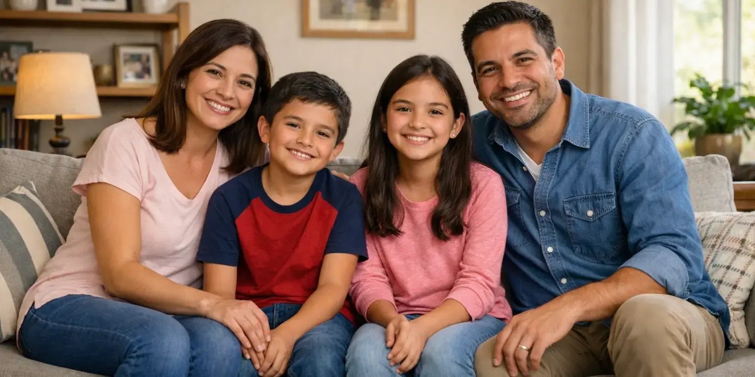 Familia sentada en la sala de su casa