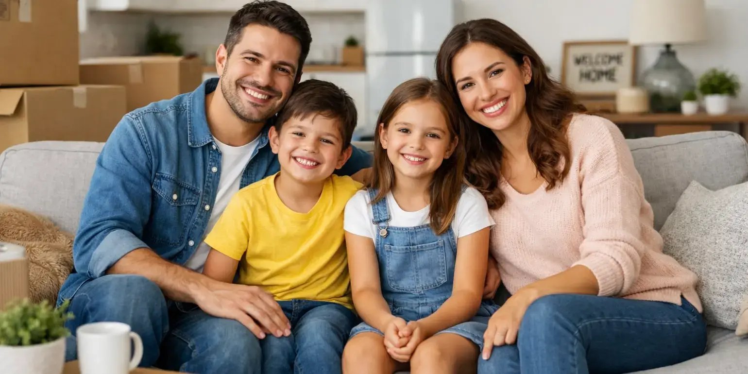 Familia sentada feliz en la sala de su nueva casa
