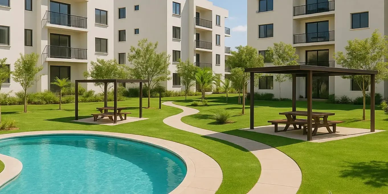 Fotografía de un desarrollo residencial con áreas verdes y alberca