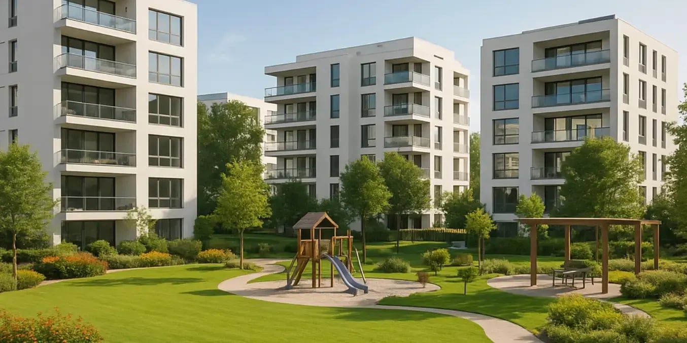 Fotografía de un desarrollo residencial moderno con áreas verdes y juegos infantiles