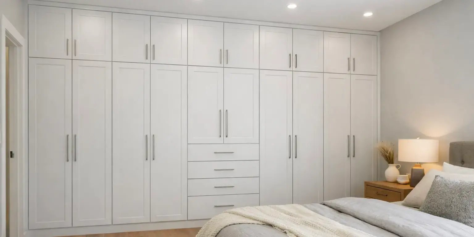 Habitación con unos closets en una pared hasta el techo
