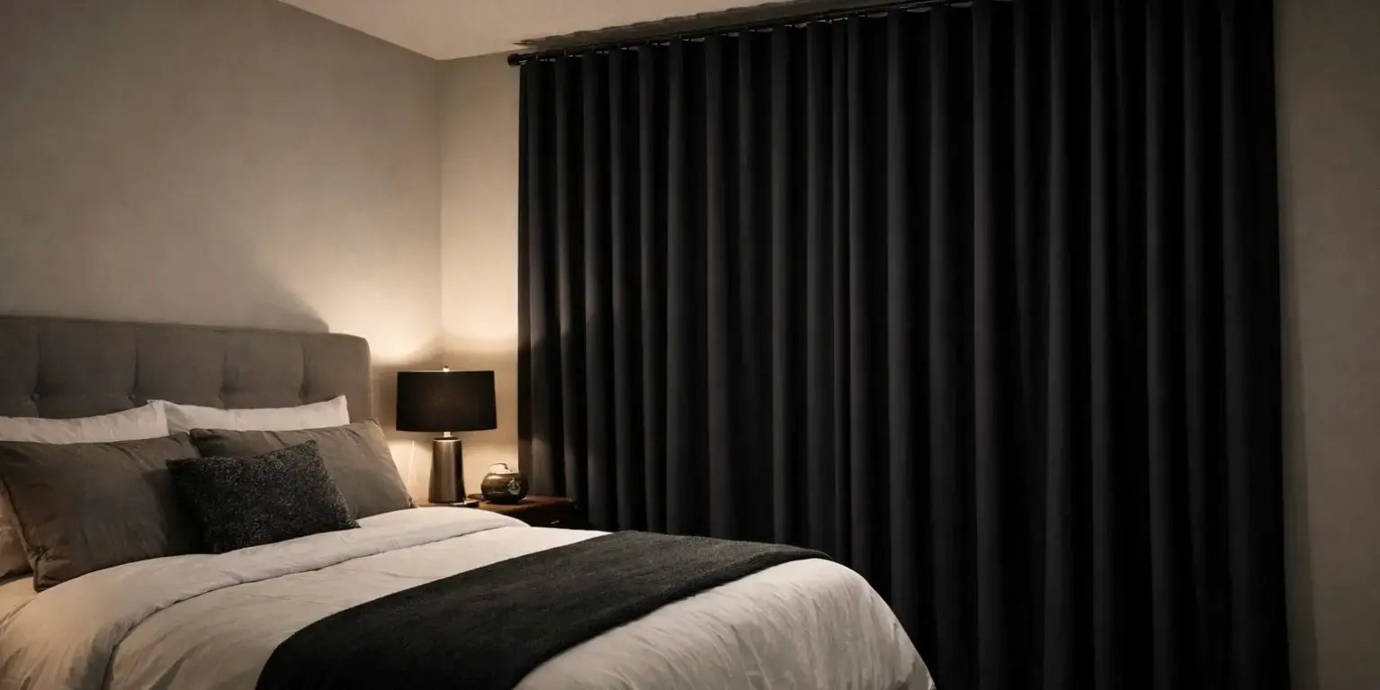 Habitacion con cortinas blackout para bloquear la luz, la ventana está a un lado de la cama