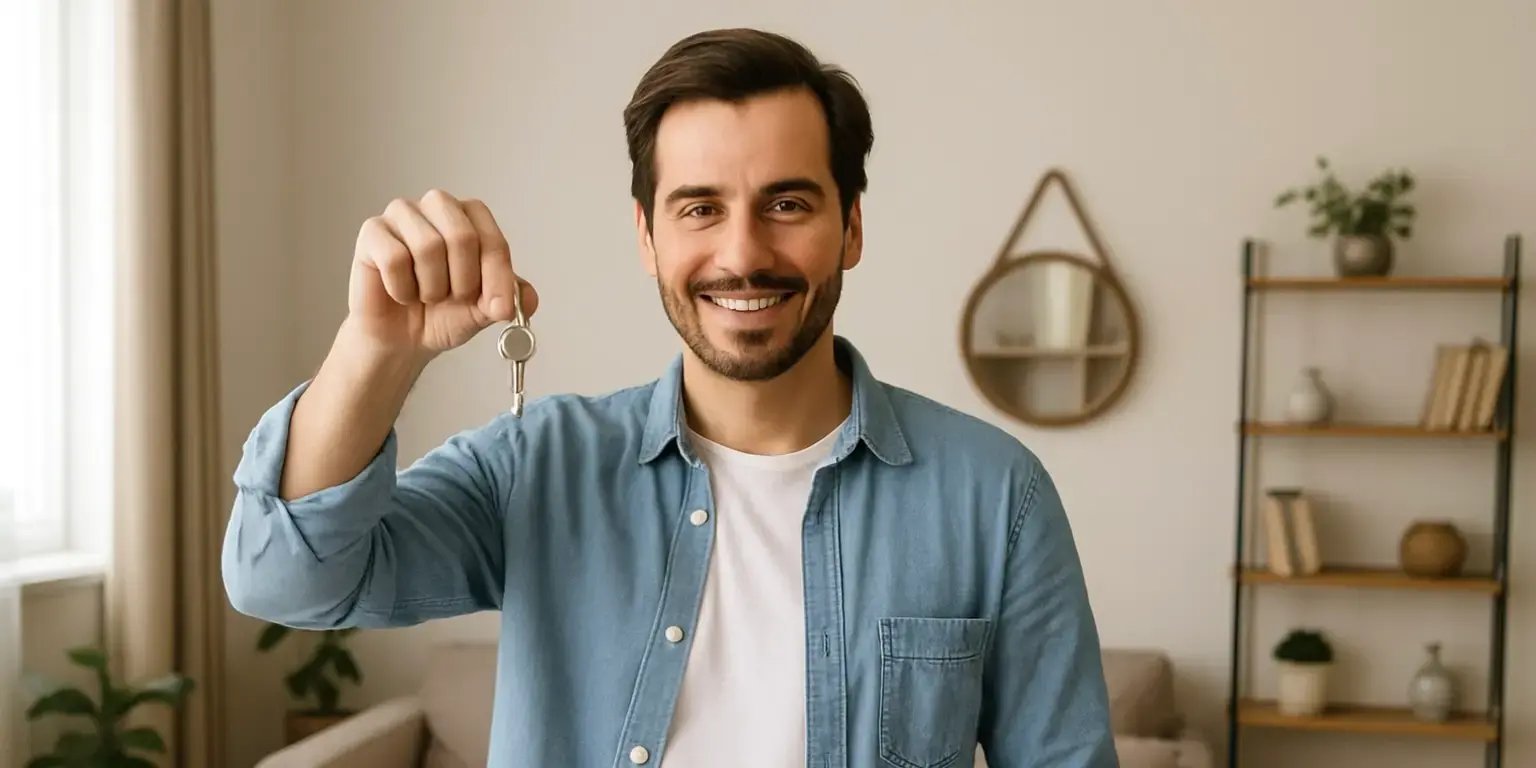 Hombre  en la sala sosteniendo las llaves de su nueva casa