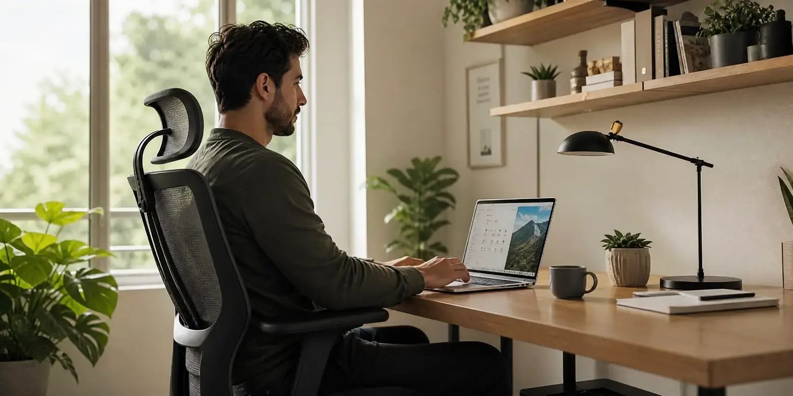 Hombre adulto sentado en una silla ergonómica en su oficina en casa, cerca de una ventana grande con luz natural entrando. El espacio es moderno y minimalista, con escritorio de madera, laptop abierta.