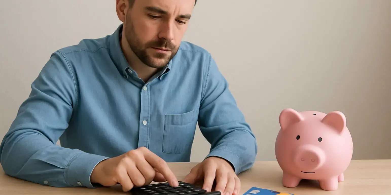 Hombre con una calculadora  unas tarjetas de credito y una alcanca de puerco sobre una mesa