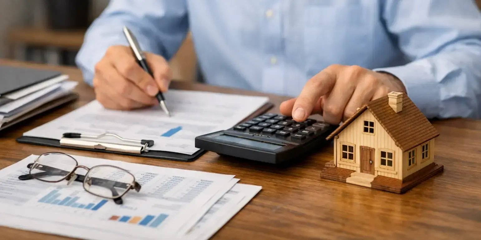 Hombre con una calculadora revisando documentos para comprar casa con recursos propios