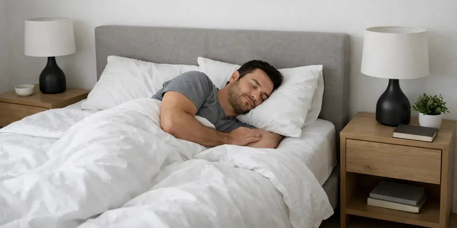 Hombre descansando y durmiendo en una cama matrimonial en su dormitorio con decoracion minimalista los 2 buros con lamparas iguales apagadas