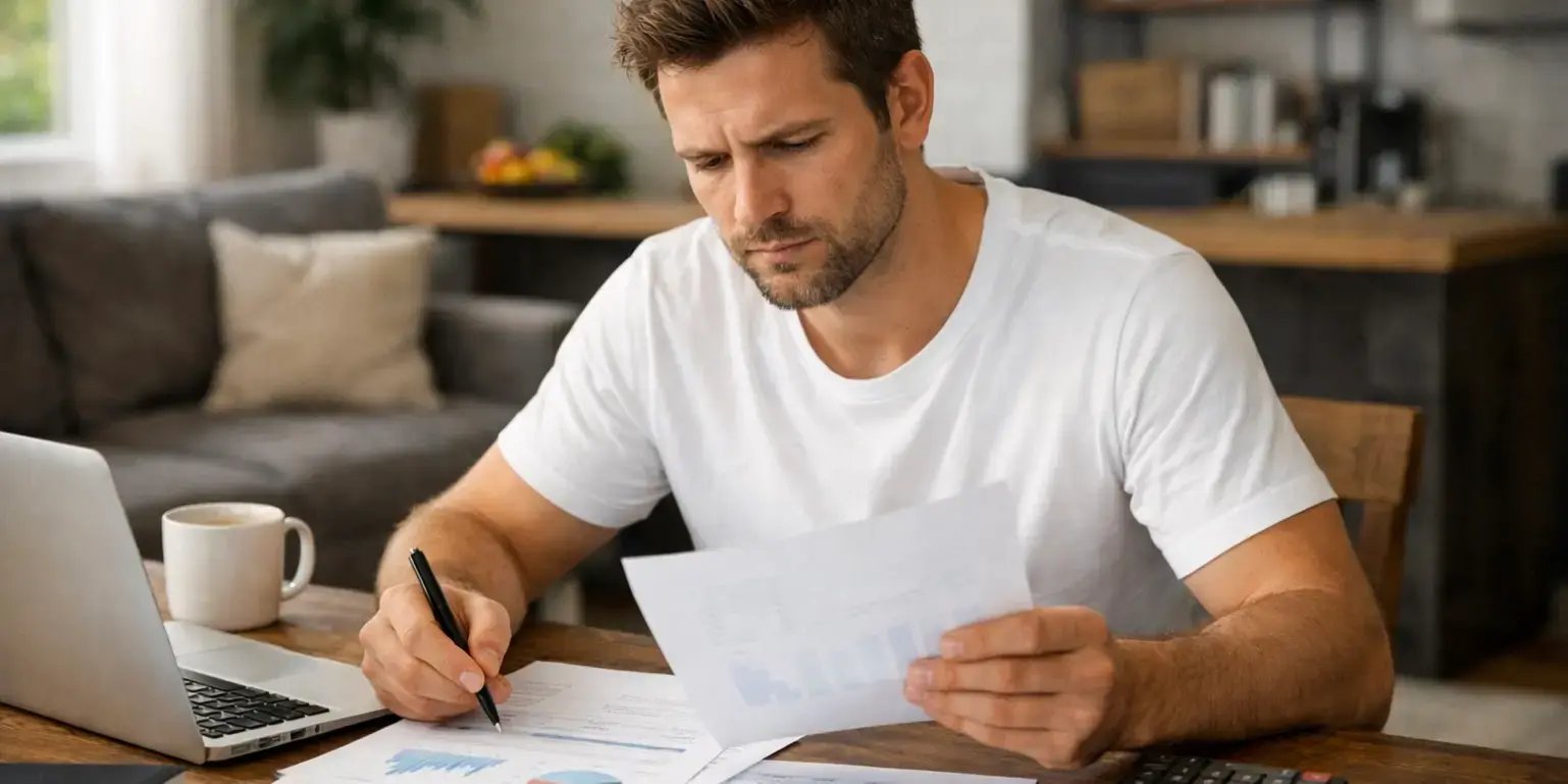 Hombre en su casa analizando documentos financiero