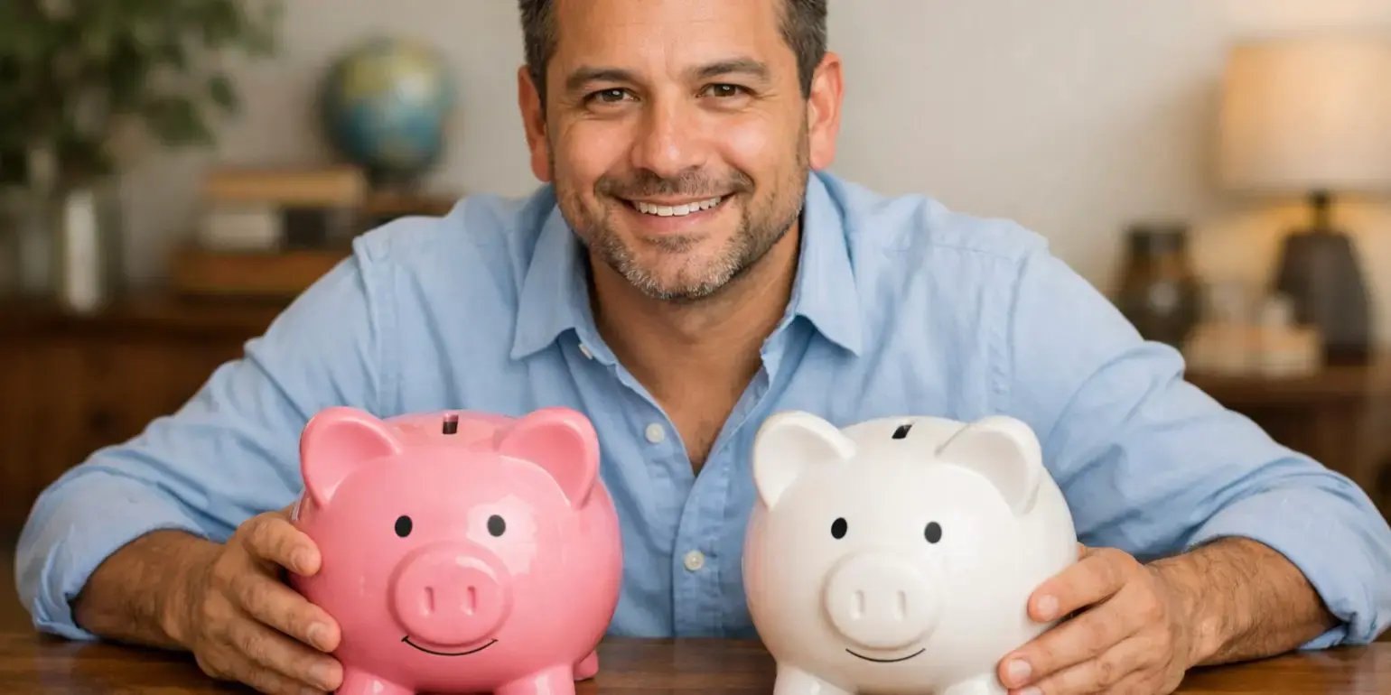 Hombre en una mesa con 2 alcancas de marrano para ahorrar