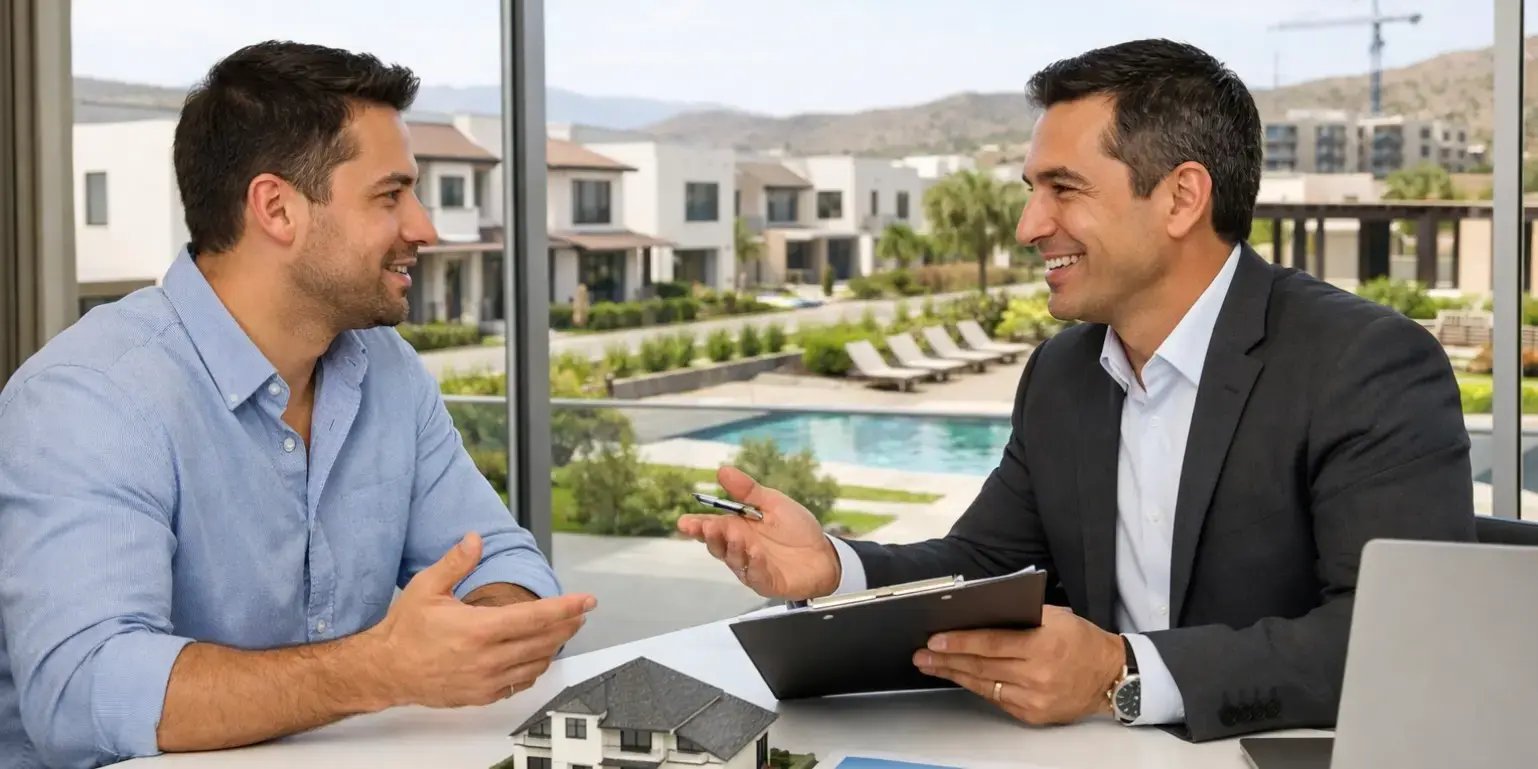 Hombre hablando con asesor hipotecario en un desarrollo residencial