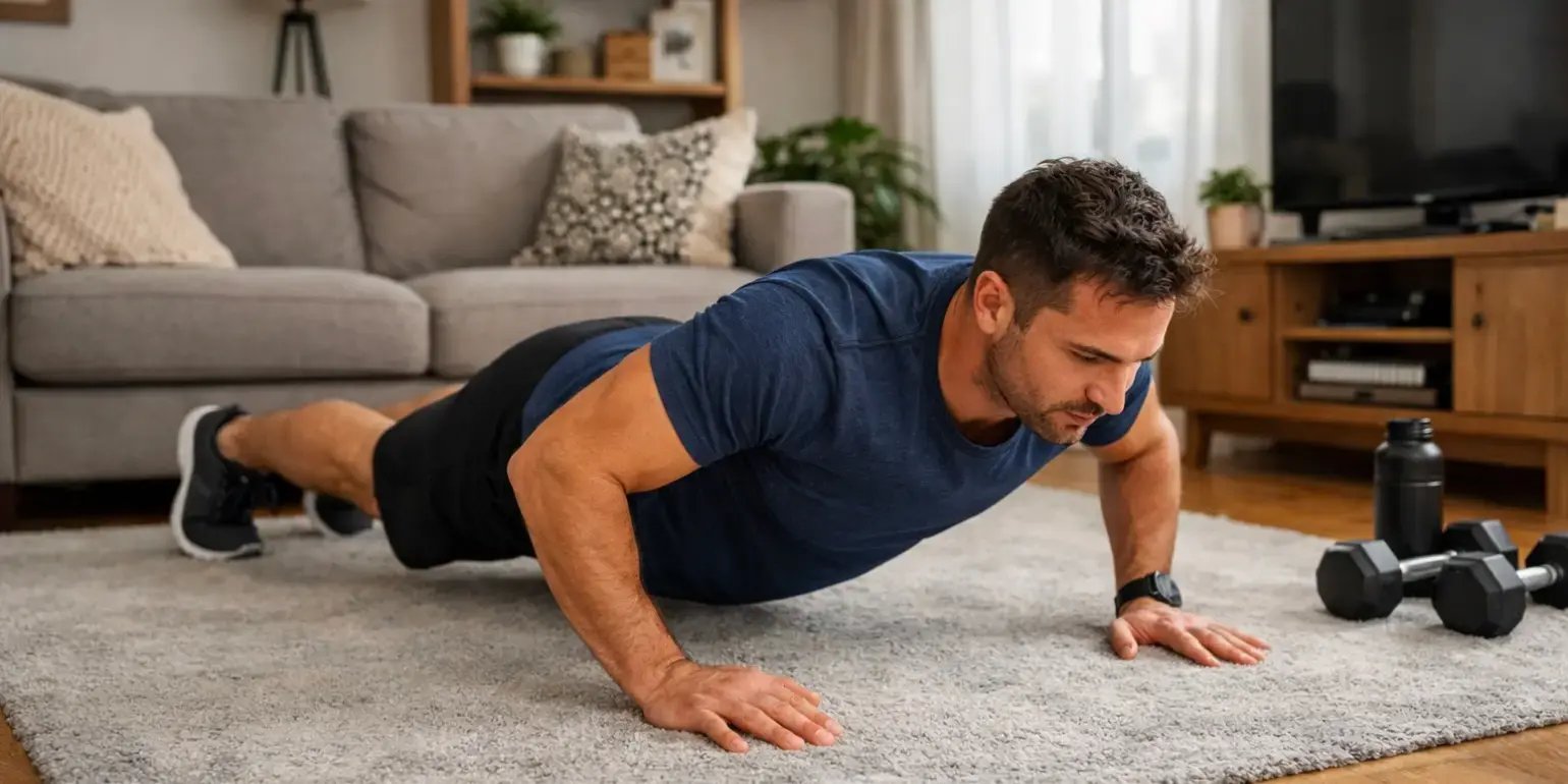 Hombre haciendo lagartijas en la sala de su casa