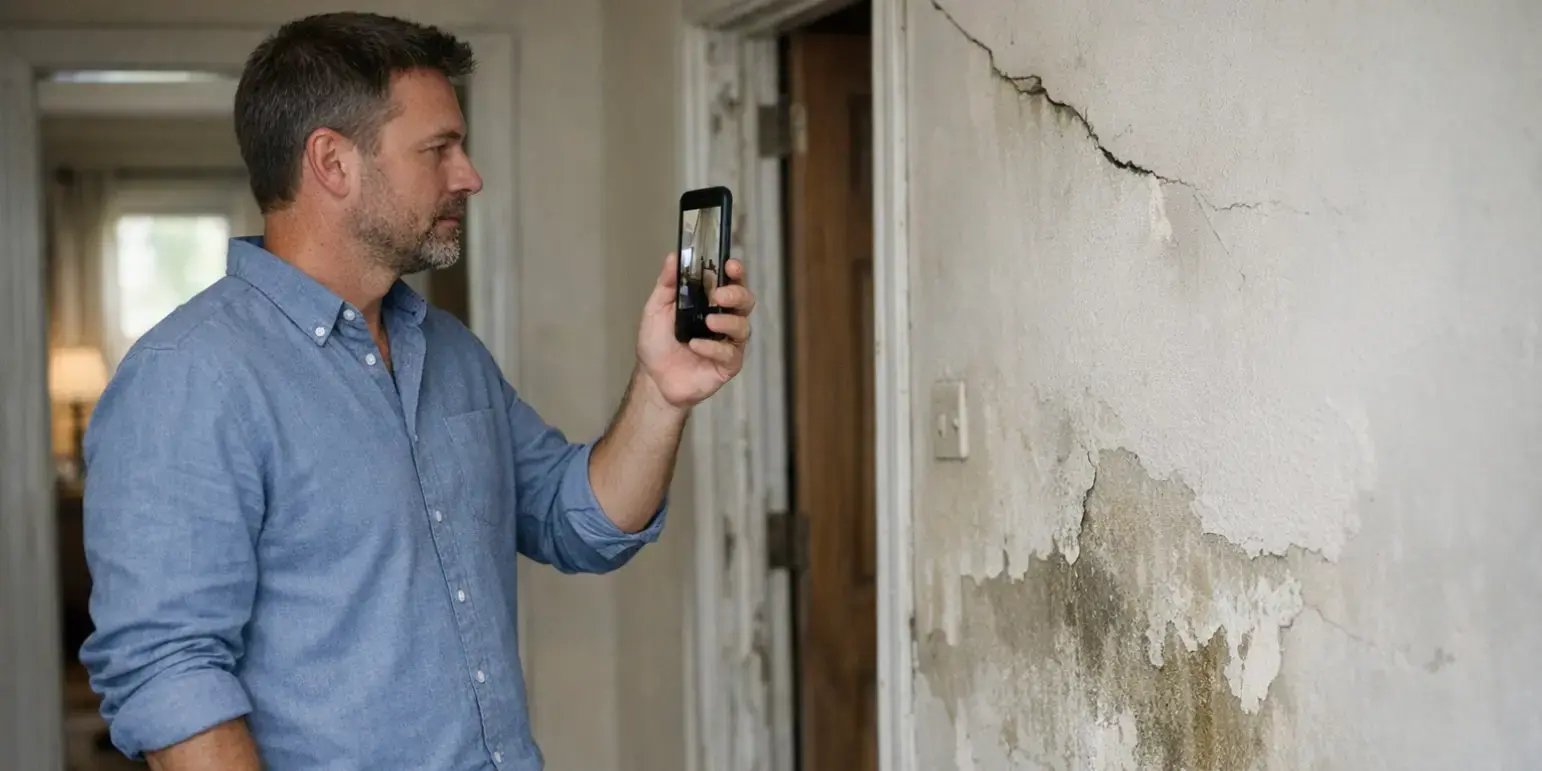 Hombre inspeccionando una casa mientras graba video con su smartphone para documentar desperfectos. Está de pie en el interior de la vivienda, enfocando detalles como grietas en la pared, humedad, pintura dañada o acabados deteriorados