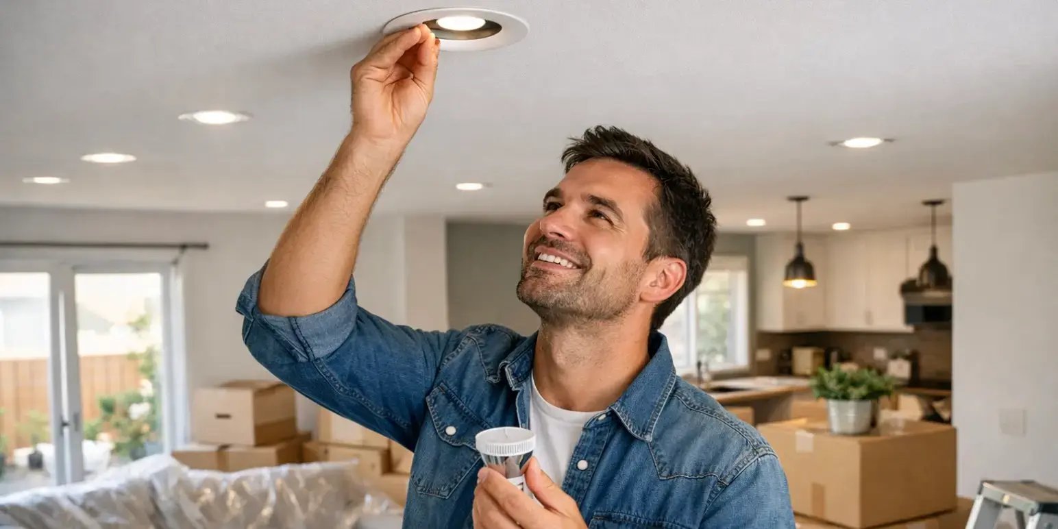 Hombre instalando focos led en su nueva casa