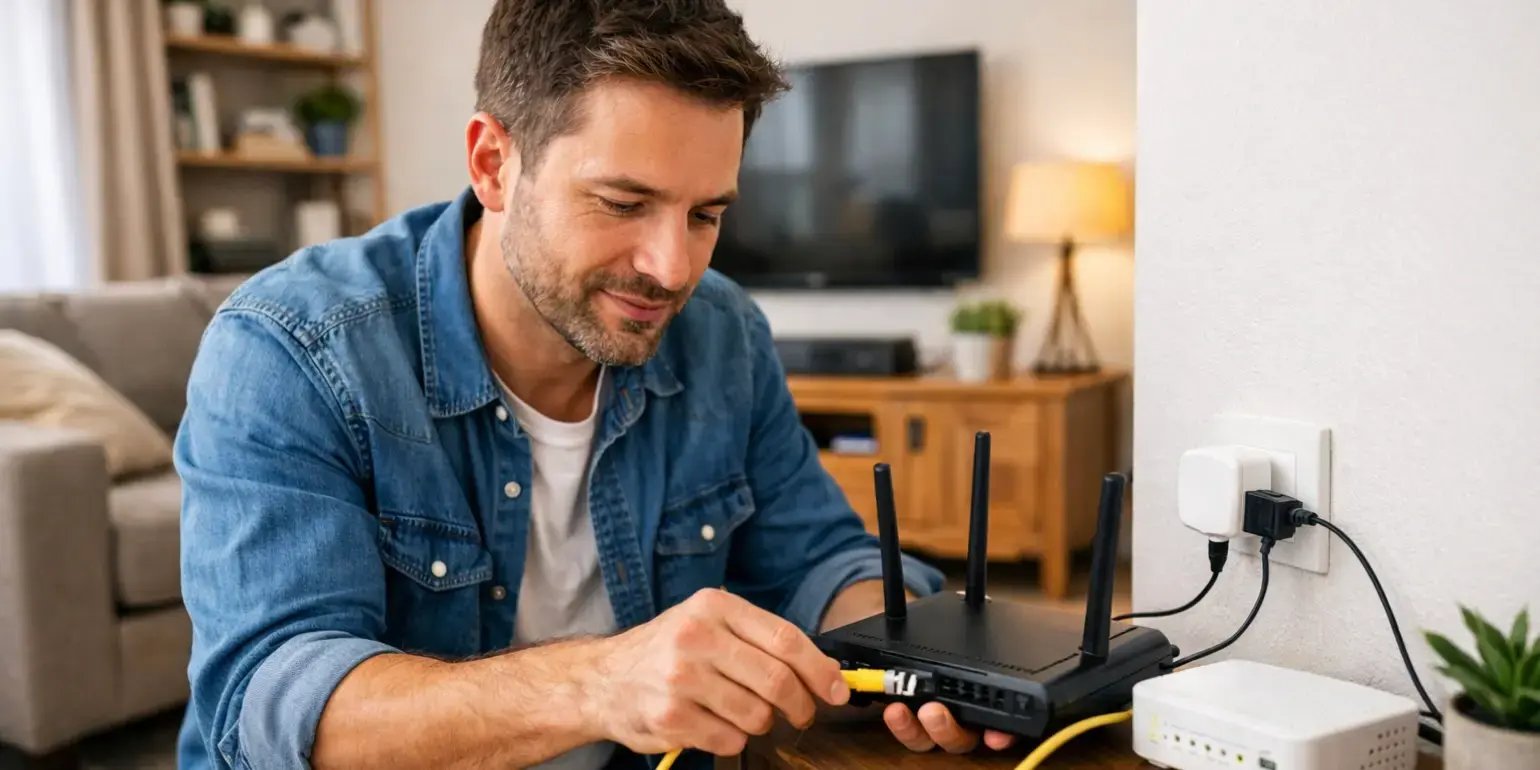 Hombre instalando modem en la sala de su casa para tener internet