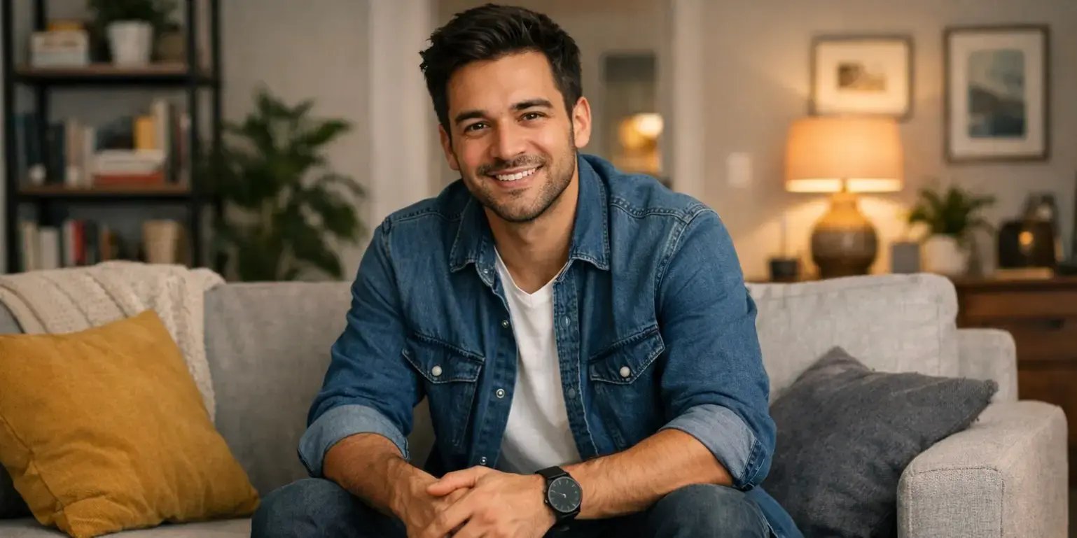 Hombre joven sentado en la sala de su casa