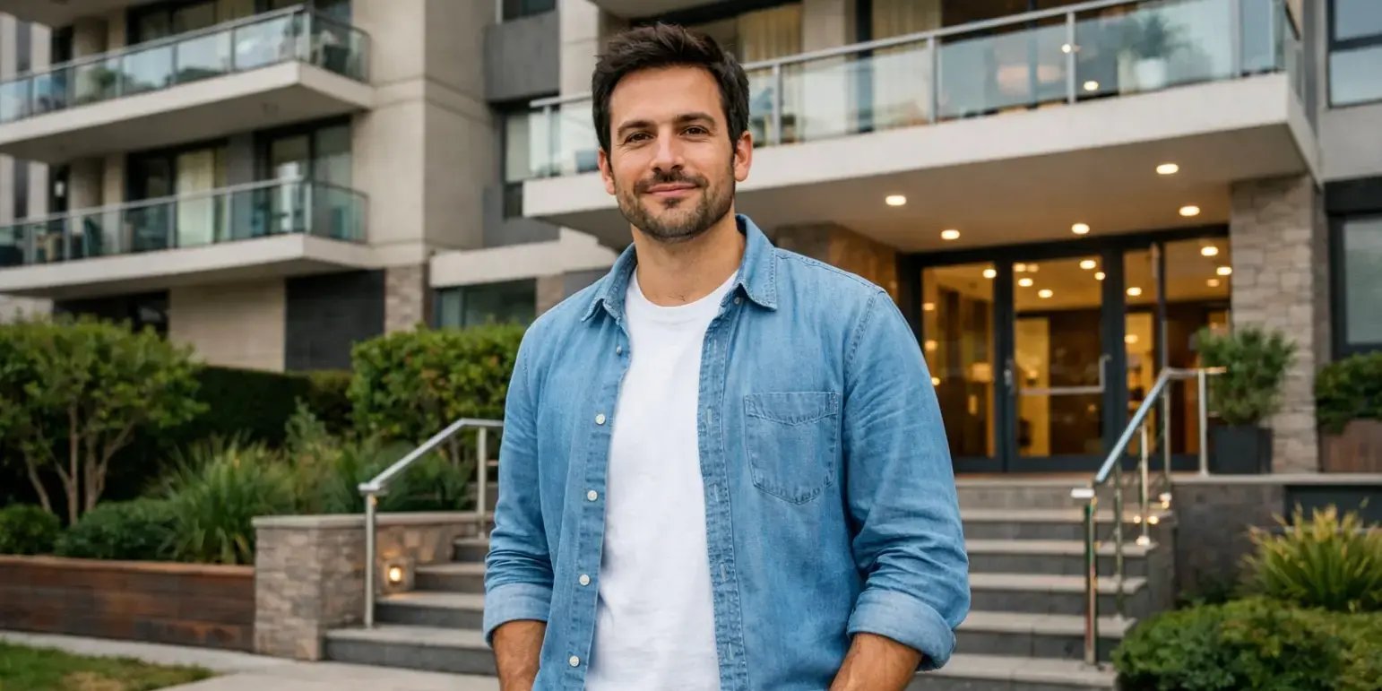 Hombre parado afuera de un edificio de departamentos