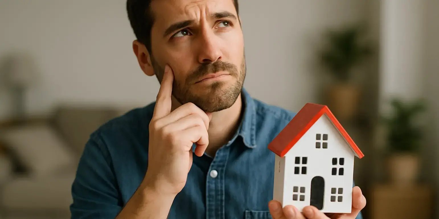 Hombre pensando si debe elegir una hipoteca de una casa