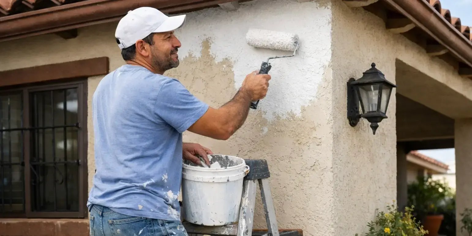 Hombre pintando la fachada de su casa para darle mantenimiento y no se deteriore