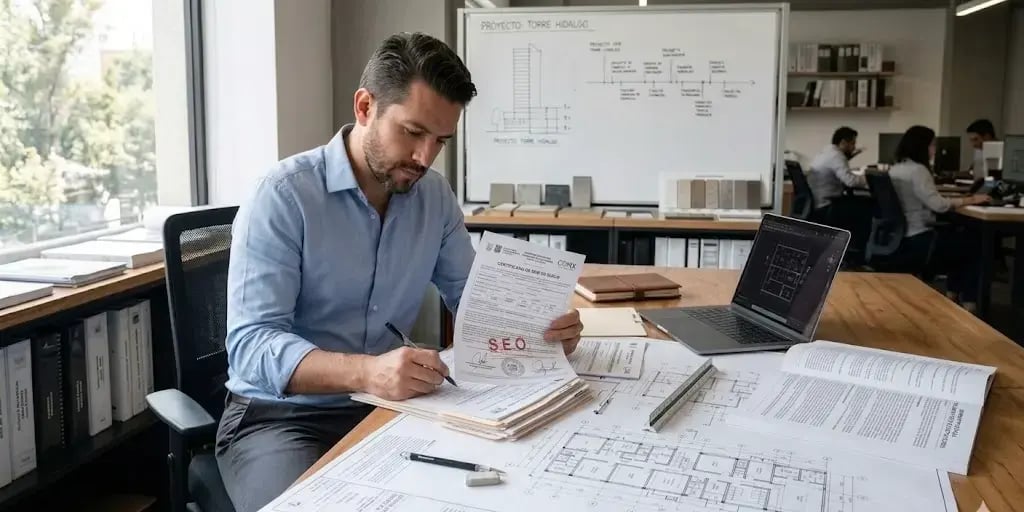 Hombre profesional sentado en una mesa de trabajo revisando documentos de construcción, incluyendo permisos, licencias y autorizaciones oficiales. Sobre la mesa hay planos estructurales extendidos