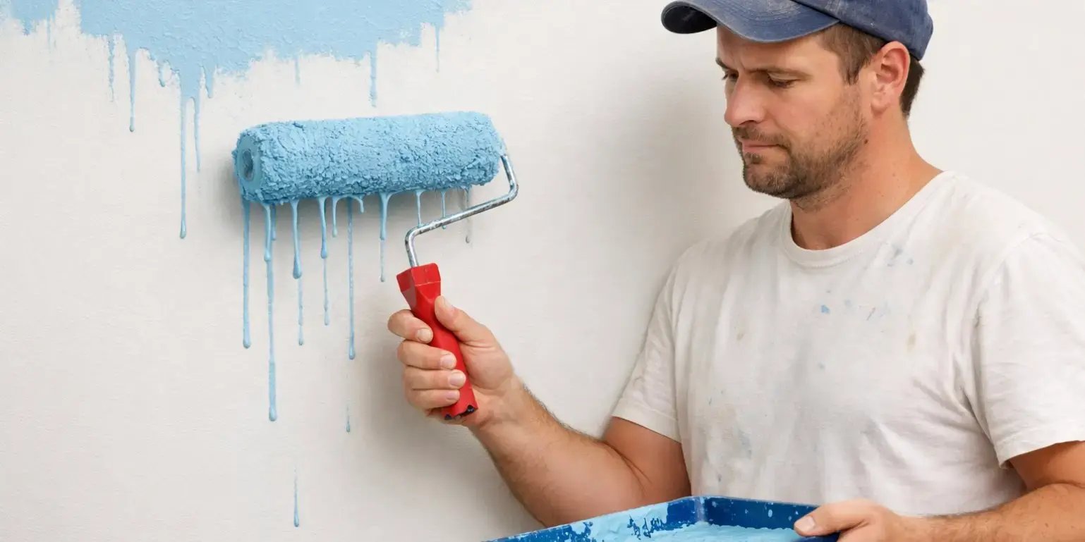 Hombre que le puso mucha pintura al rodillo y esta escurriendo y chorrea la pared