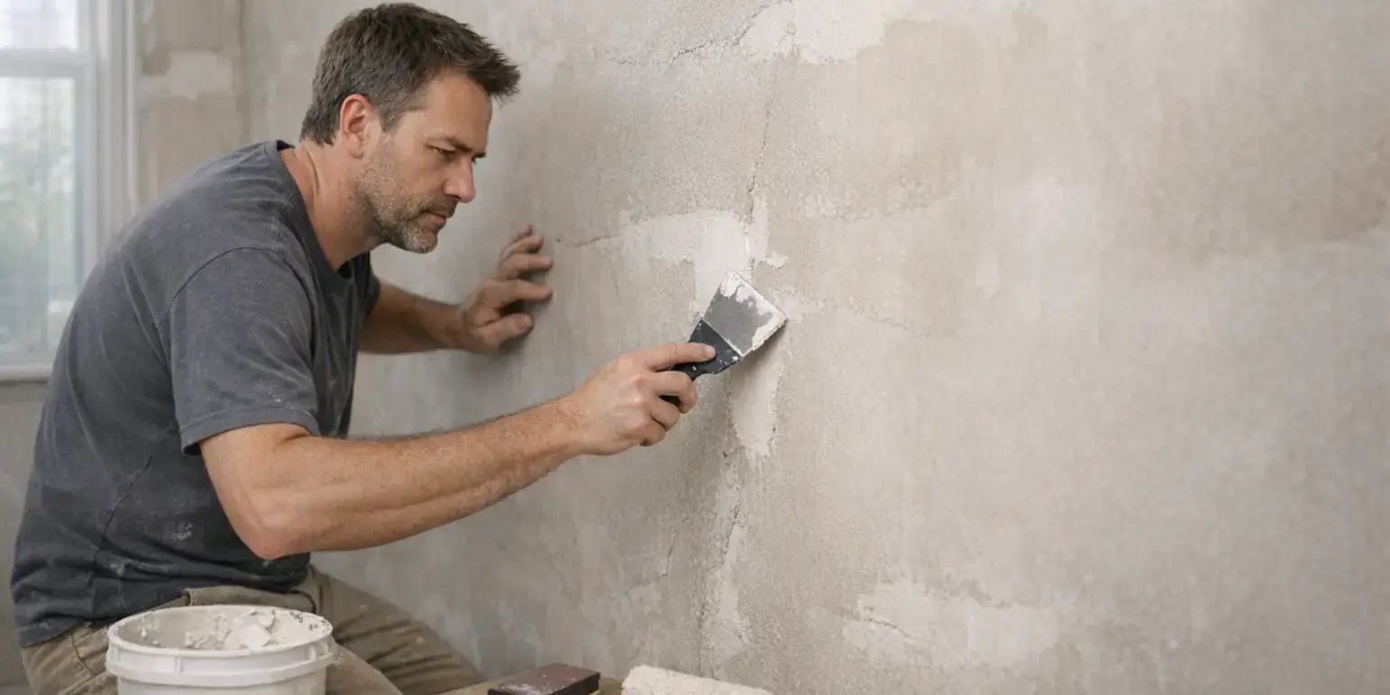 Hombre reparando y resanando las paredes de su casa, aplicando masilla o yeso con una espátula sobre grietas o imperfecciones
