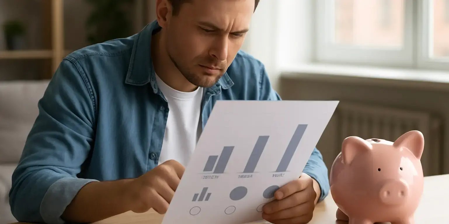 Hombre revisando con grficas 3 opciones de crdito y hay una alcanca de marrano